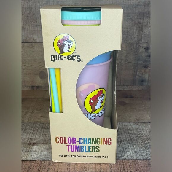 NEW Buc-ee’s Color Changing Tumblers set of 5 Tumblers Cups with Lids and Straws - Picture 1 of 7